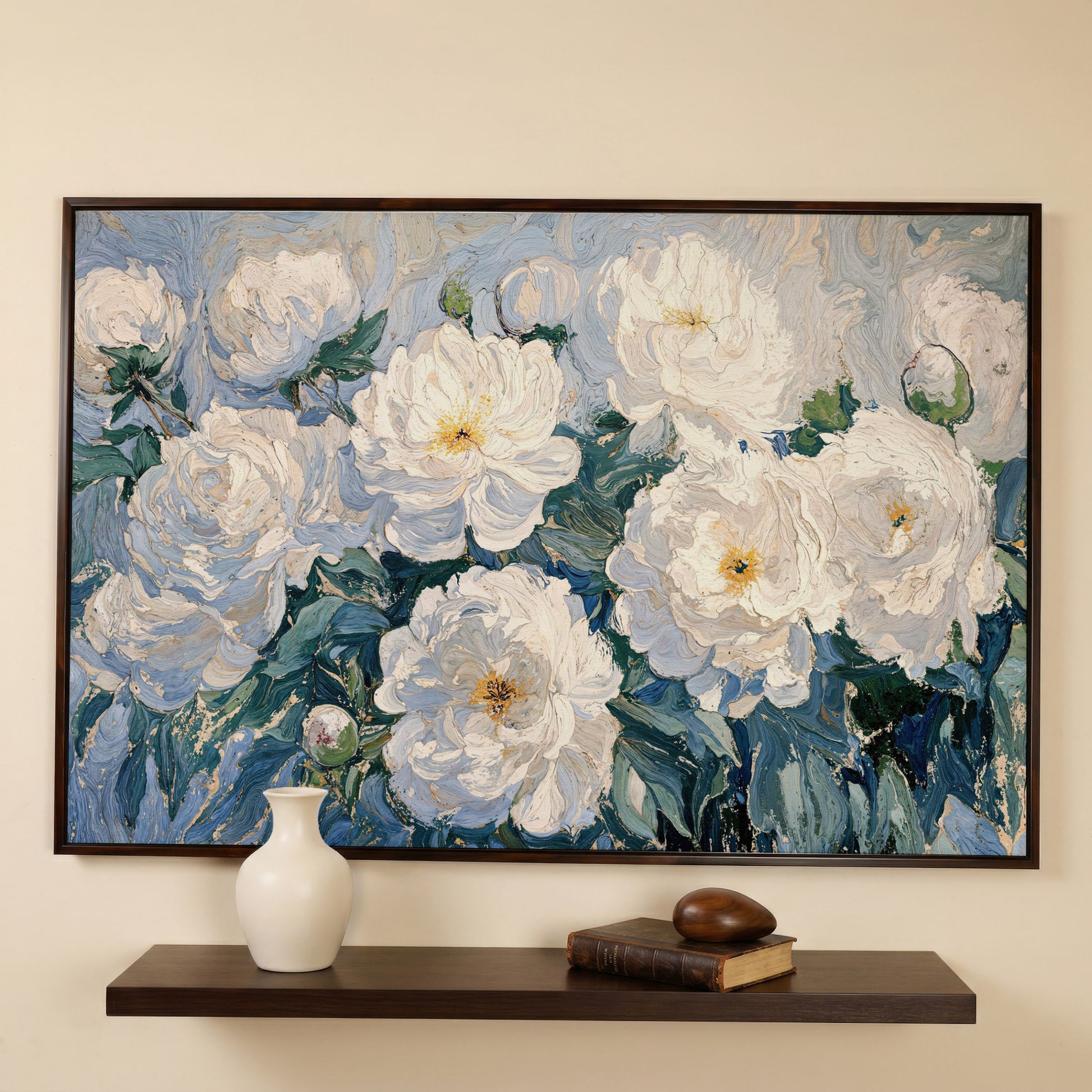 White Peony Abstract Botanical Canvas in dark walnut floating frame
