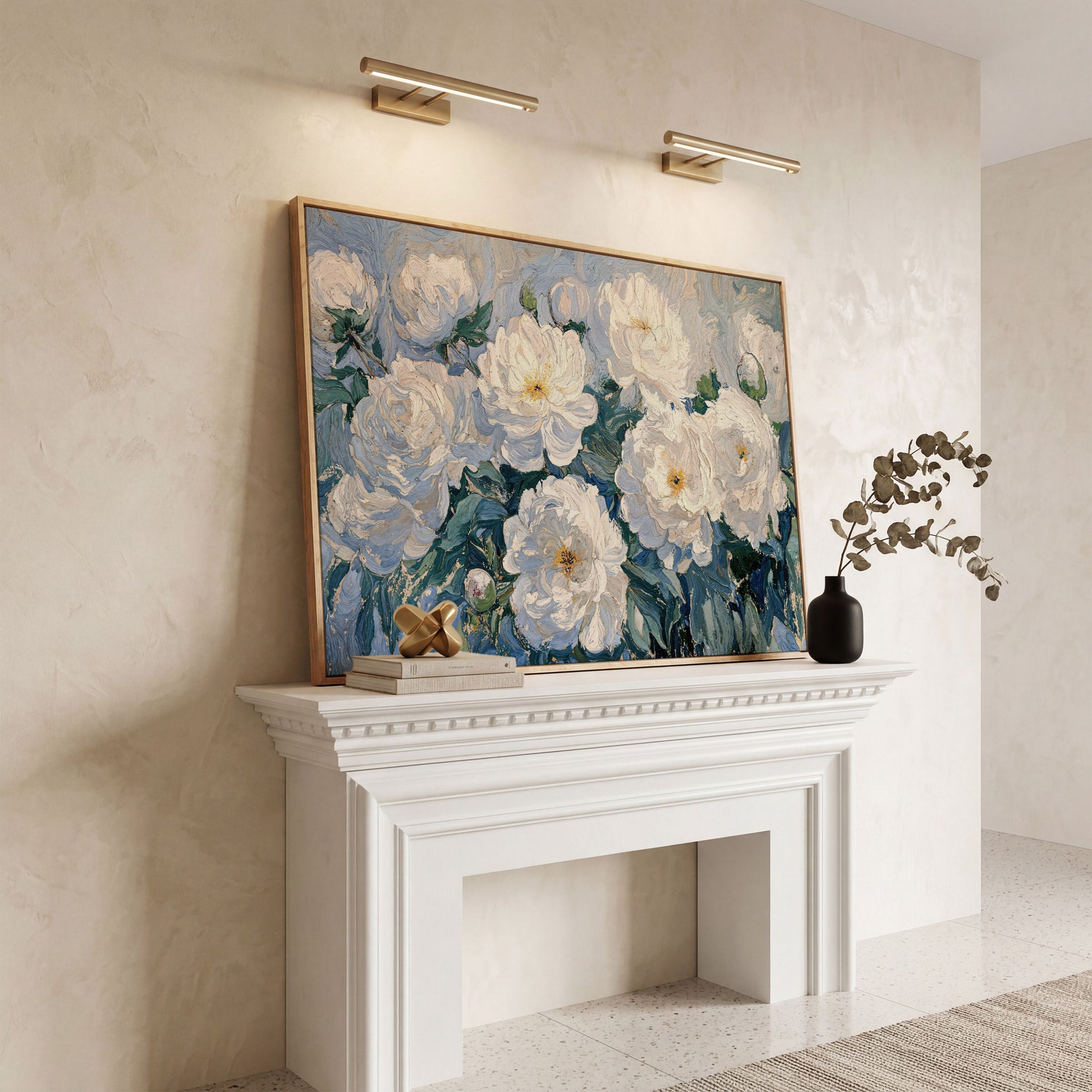 White Peony Abstract Botanical Canvas in white oak floating frame