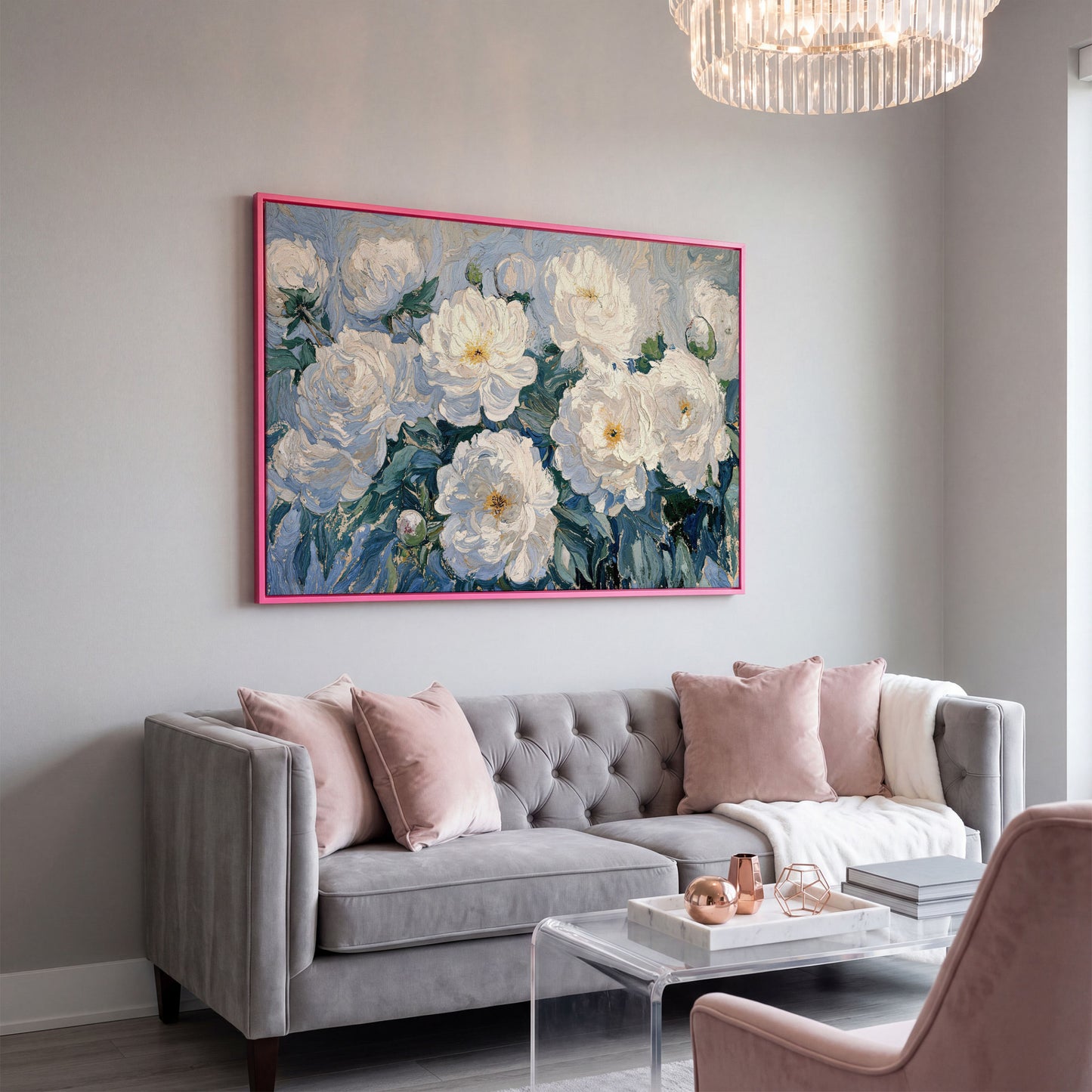 White Peony Abstract Botanical Canvas in pink floating frame