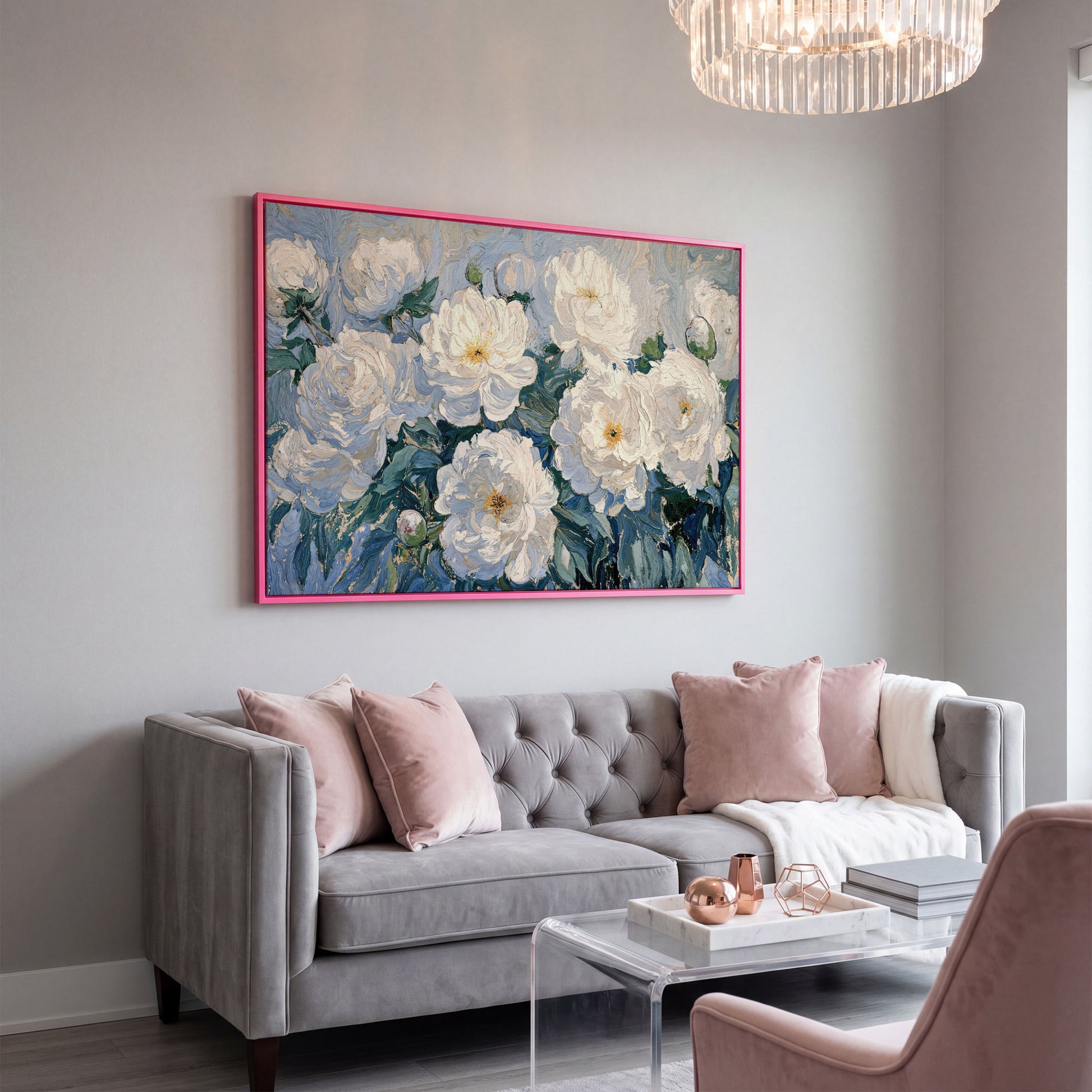 White Peony Abstract Botanical Canvas in pink floating frame