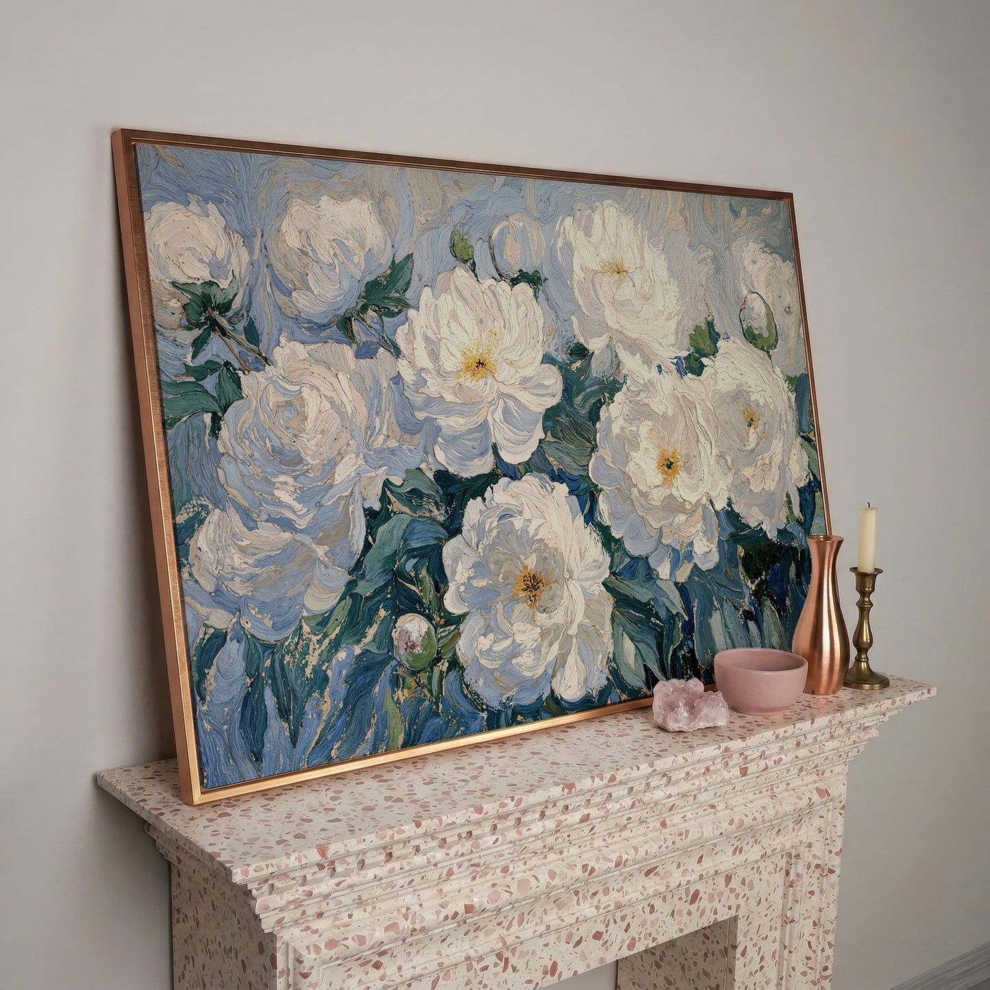 White Peony Abstract Botanical Canvas in rose gold floating frame