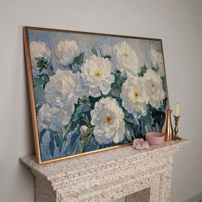 White Peony Abstract Botanical Canvas in rose gold floating frame