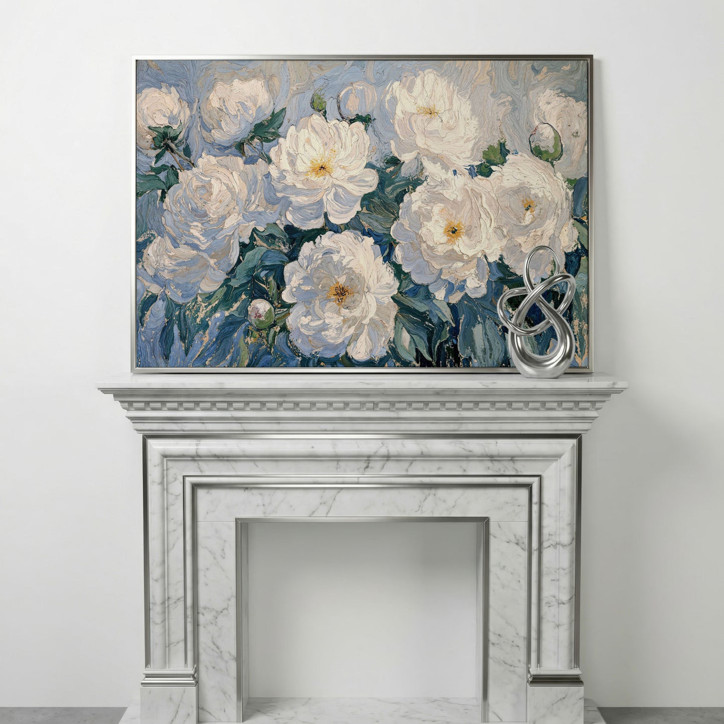 White Peony Abstract Botanical Canvas in silver floating frame