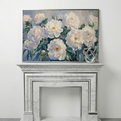 White Peony Abstract Botanical Canvas in silver floating frame
