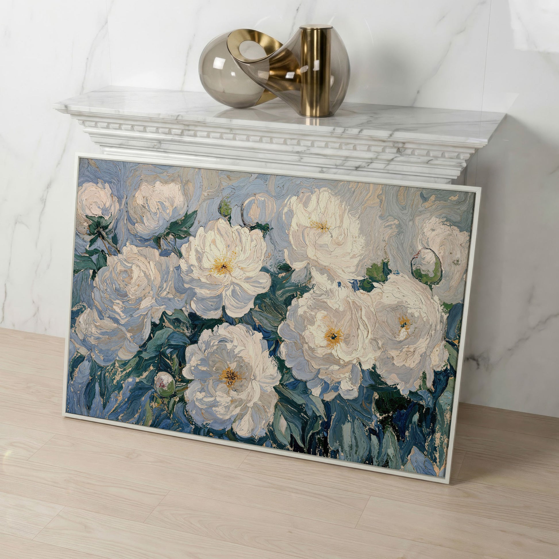 White Peony Abstract Botanical Canvas in white floating frame