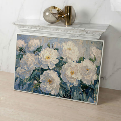 White Peony Abstract Botanical Canvas in white floating frame
