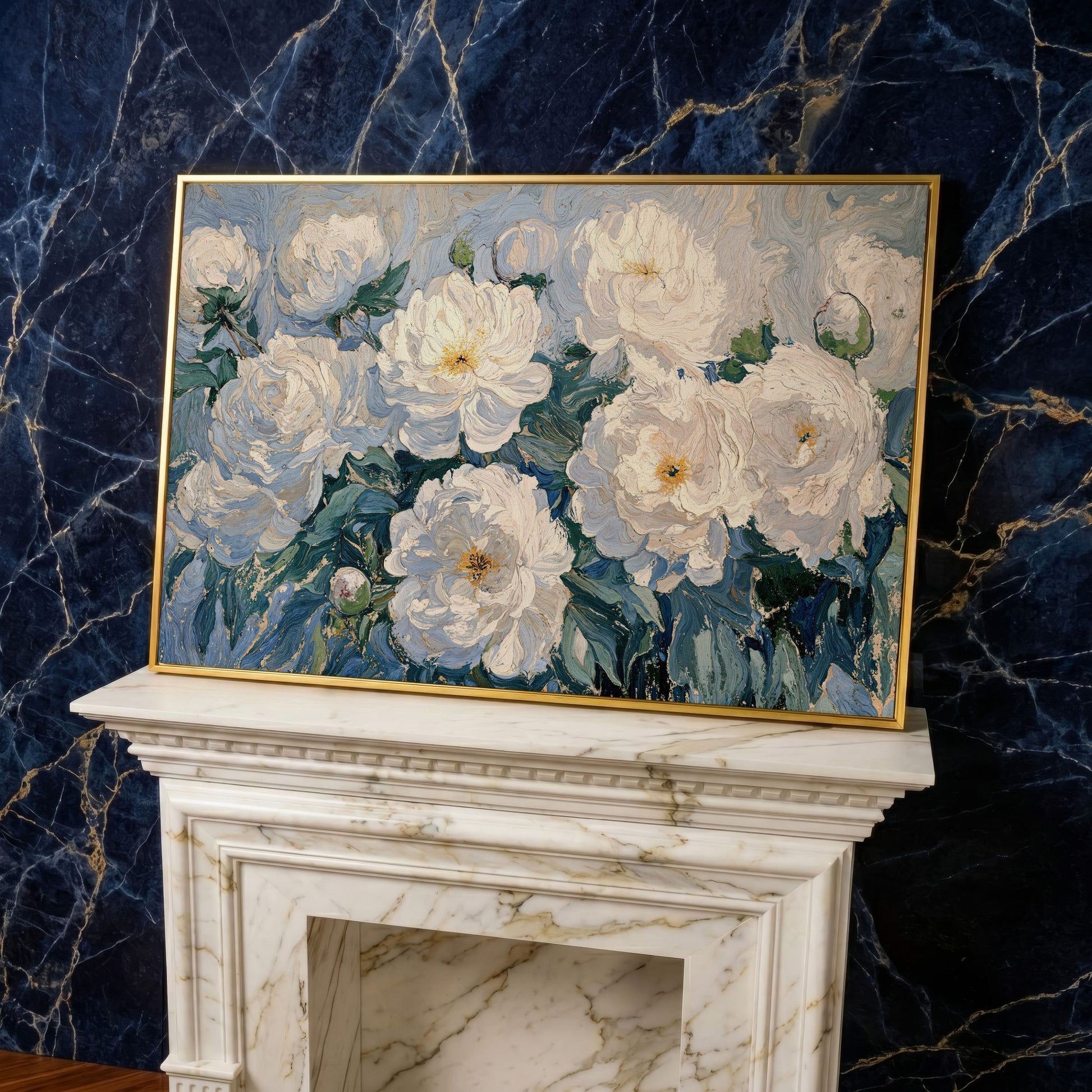 White Peony Abstract Botanical Canvas in yellow gold floating frame