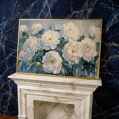 White Peony Abstract Botanical Canvas in yellow gold floating frame
