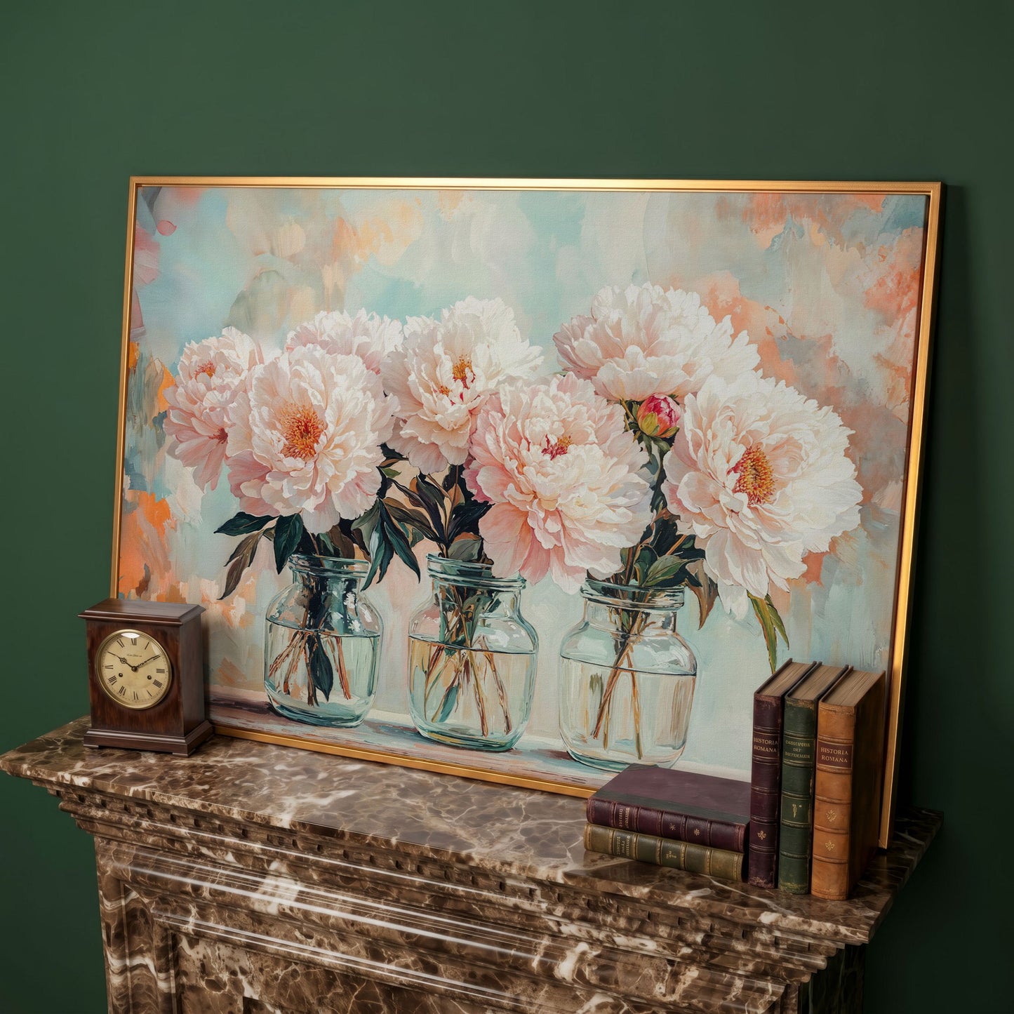 Pink Peonies in Vases Canvas in antique gold floating frame