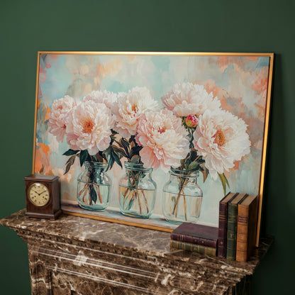 Pink Peonies in Vases Canvas in antique gold floating frame