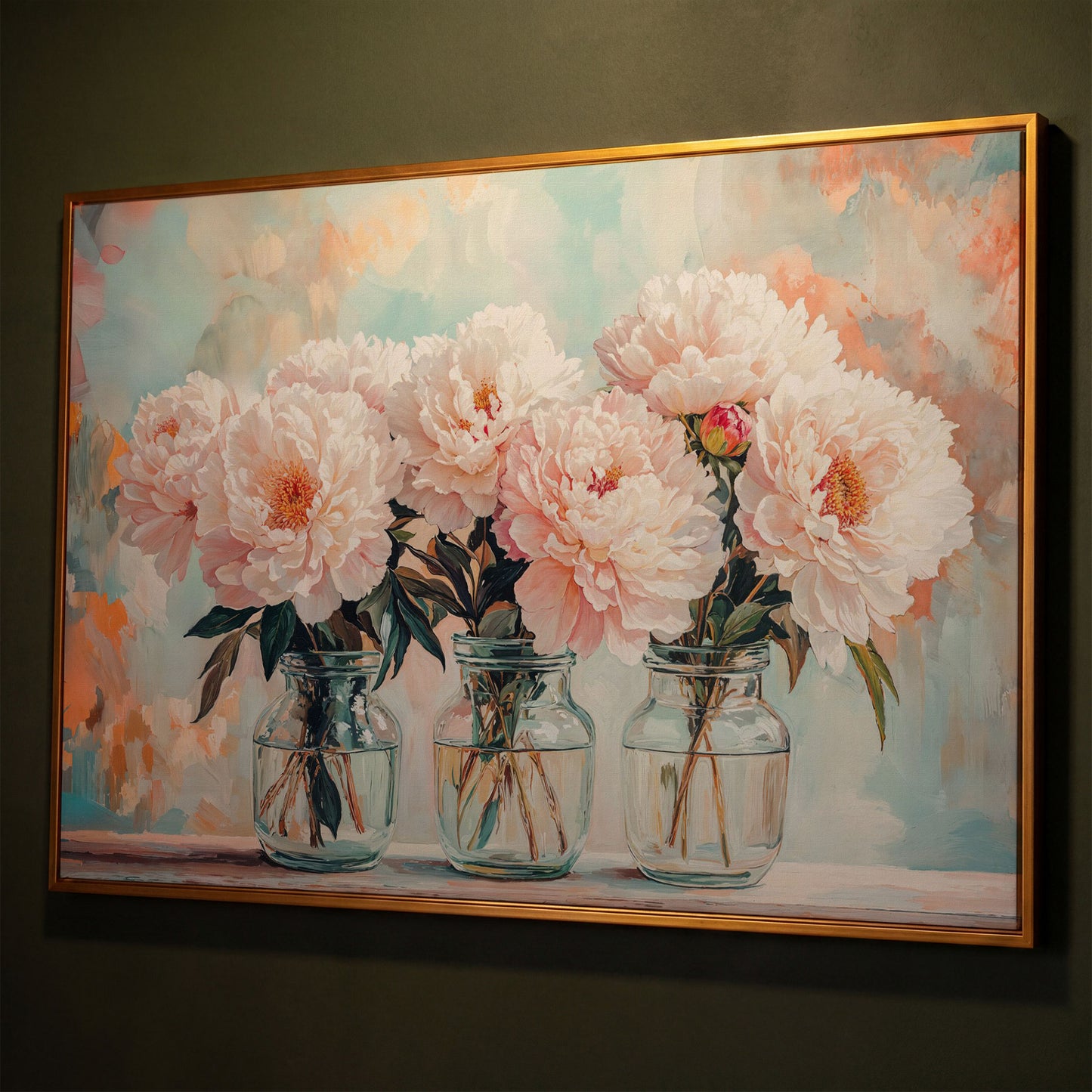 Pink Peonies in Vases Canvas shown in antique gold floating frame