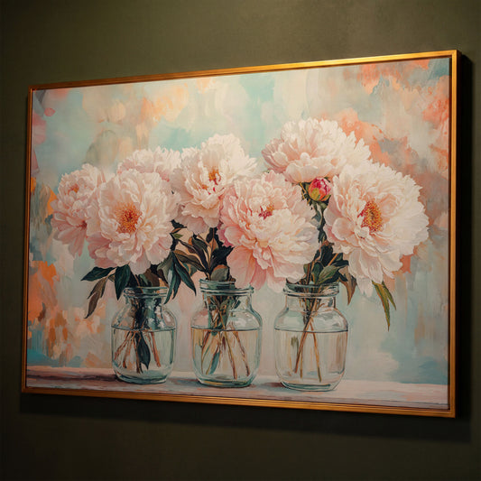 Pink Peonies in Vases Canvas shown in antique gold floating frame