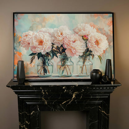 Pink Peonies in Vases Canvas in black floating frame