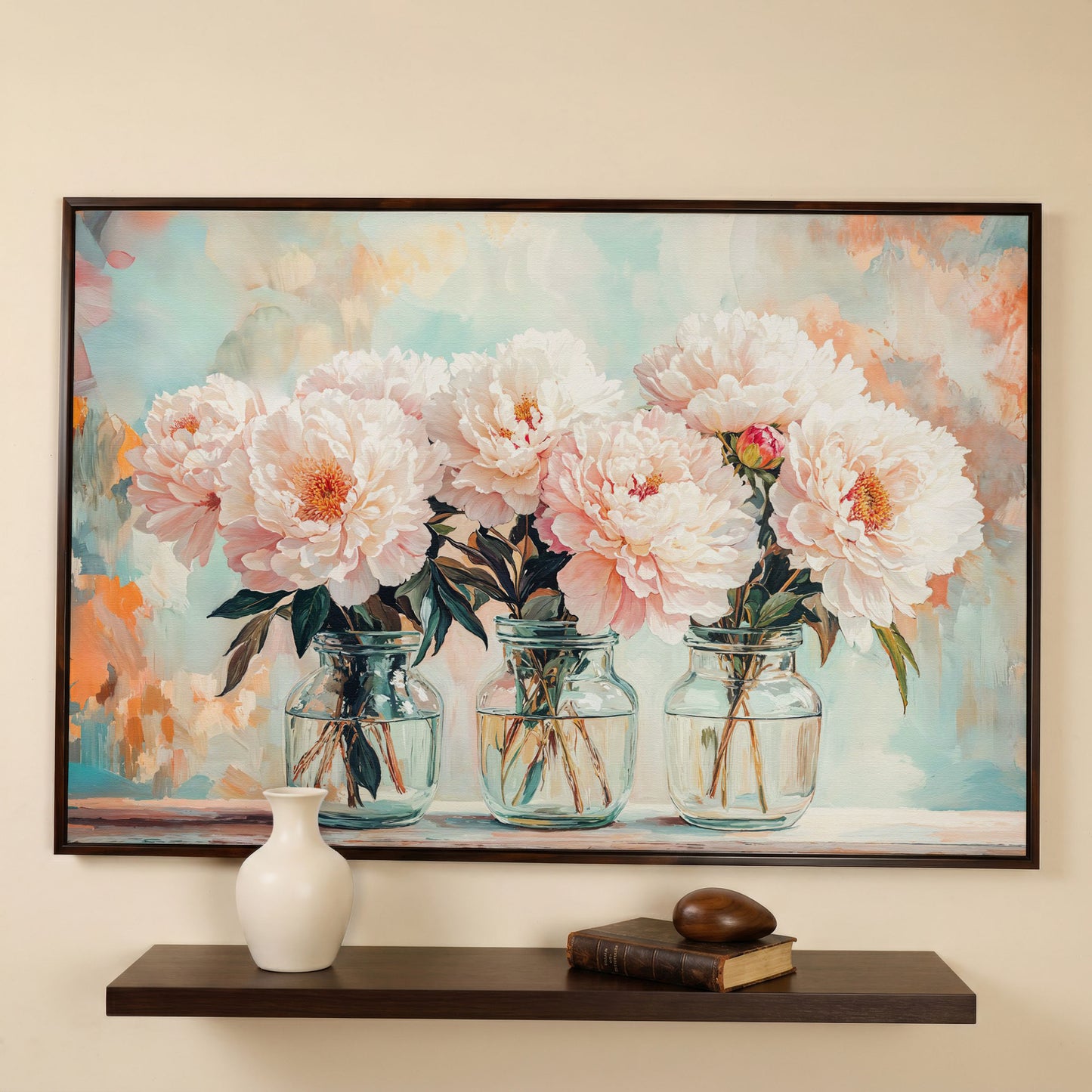Pink Peonies in Vases Canvas in dark walnut floating frame