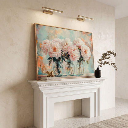 Pink Peonies in Vases Canvas in white oak floating frame