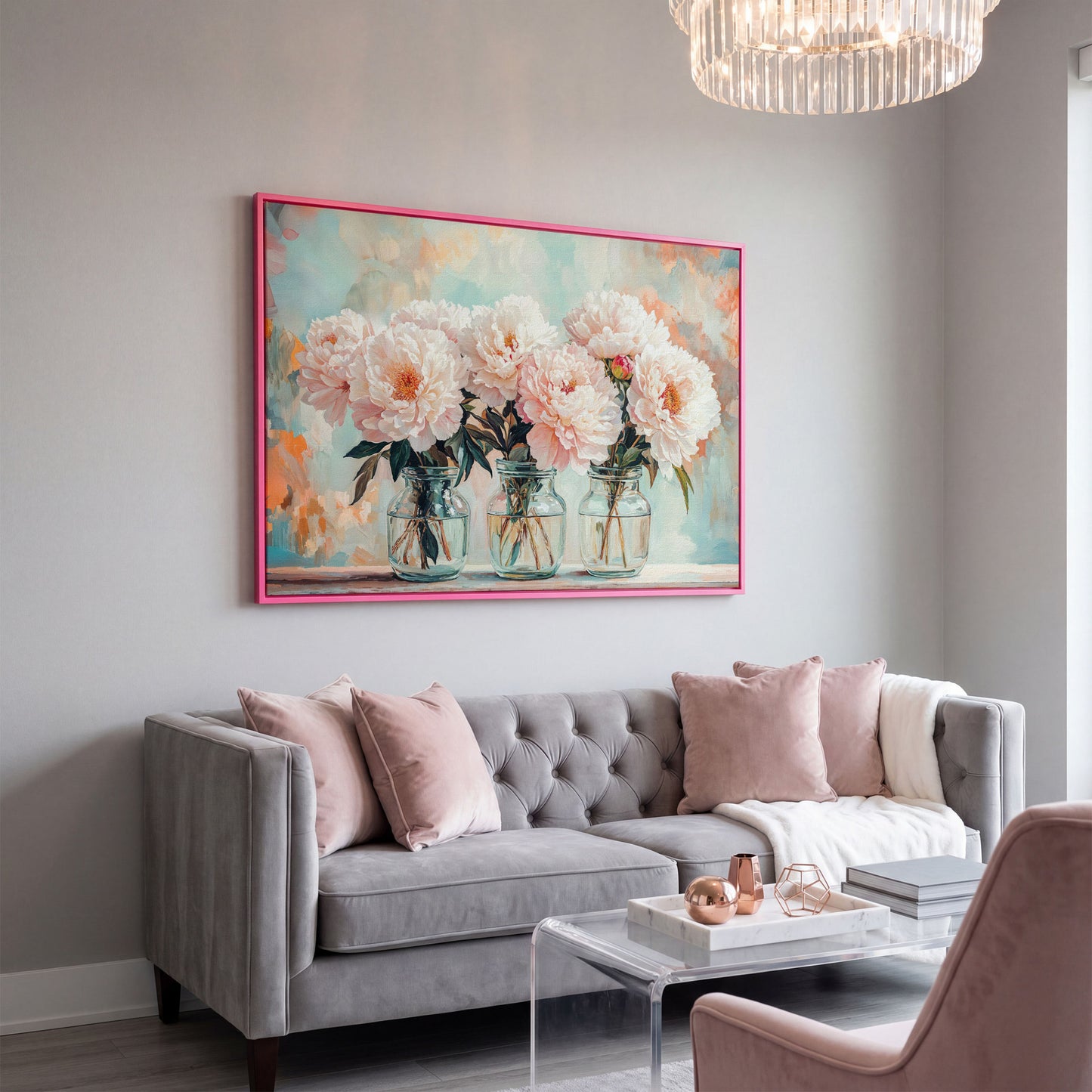 Pink Peonies in Vases Canvas in pink floating frame