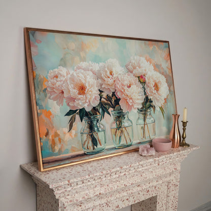 Pink Peonies in Vases Canvas in rose gold floating frame