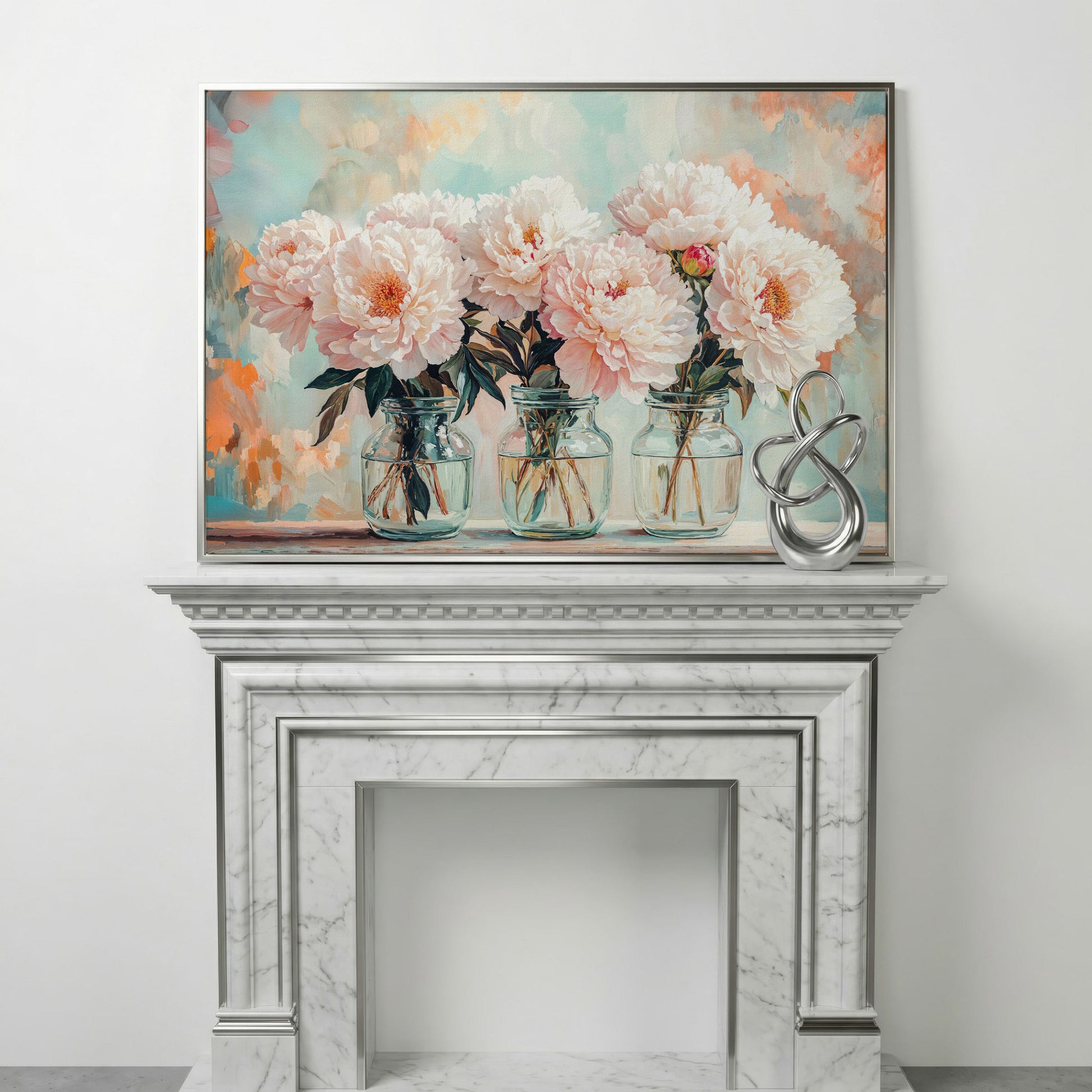 Pink Peonies in Vases Canvas in silver floating frame