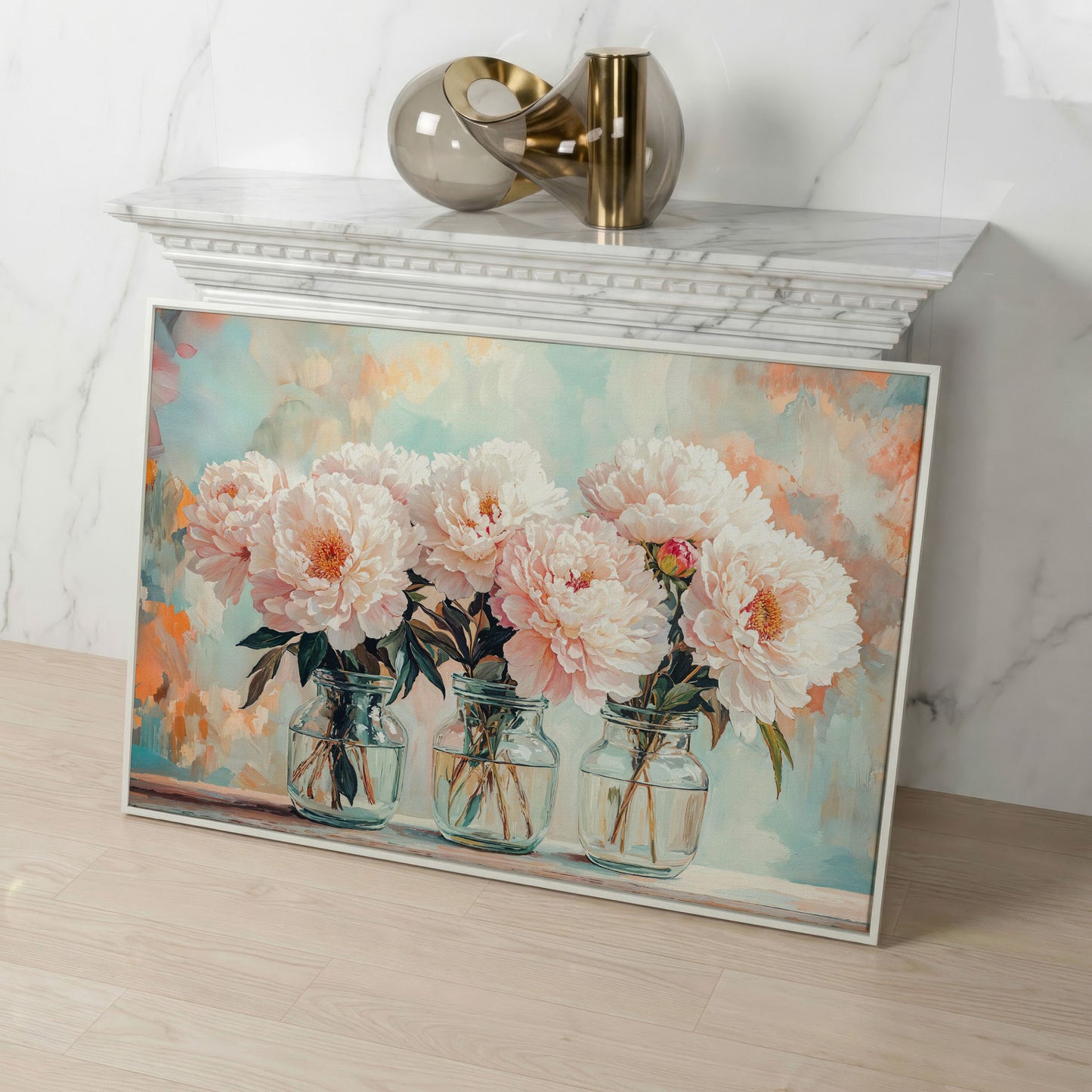 Pink Peonies in Vases Canvas in white floating frame