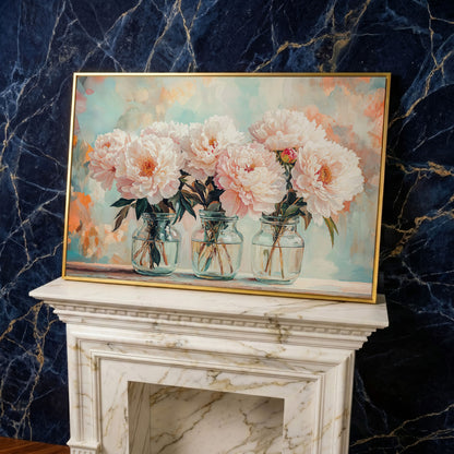 Pink Peonies in Vases Canvas in yellow gold floating frame