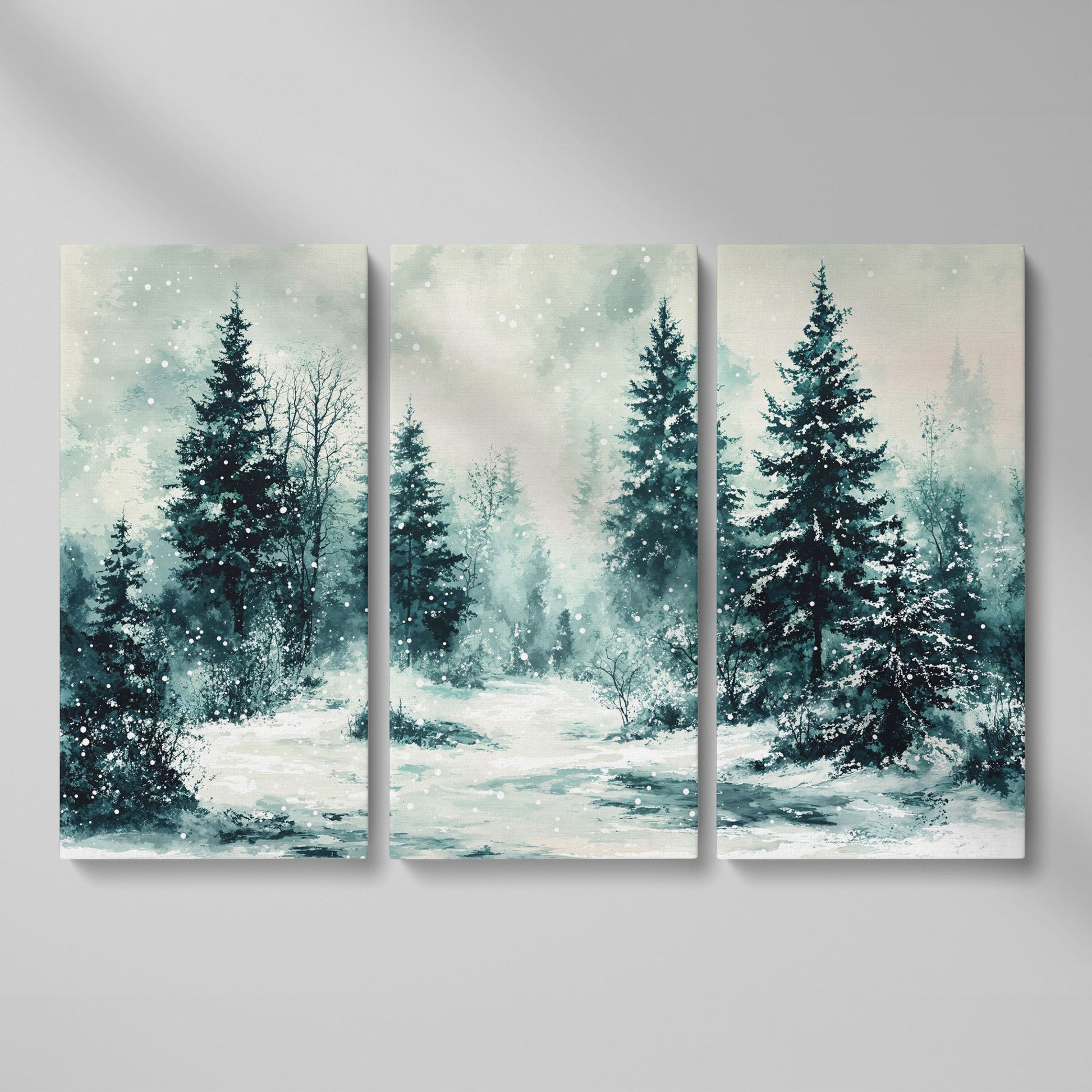 Snow-Covered Pine Forest Canvas Wall Art, Winter Landscape as 3-panel split version