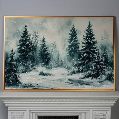 Snow-Covered Pine Forest Canvas Wall Art, Winter Landscape in antique gold floating frame