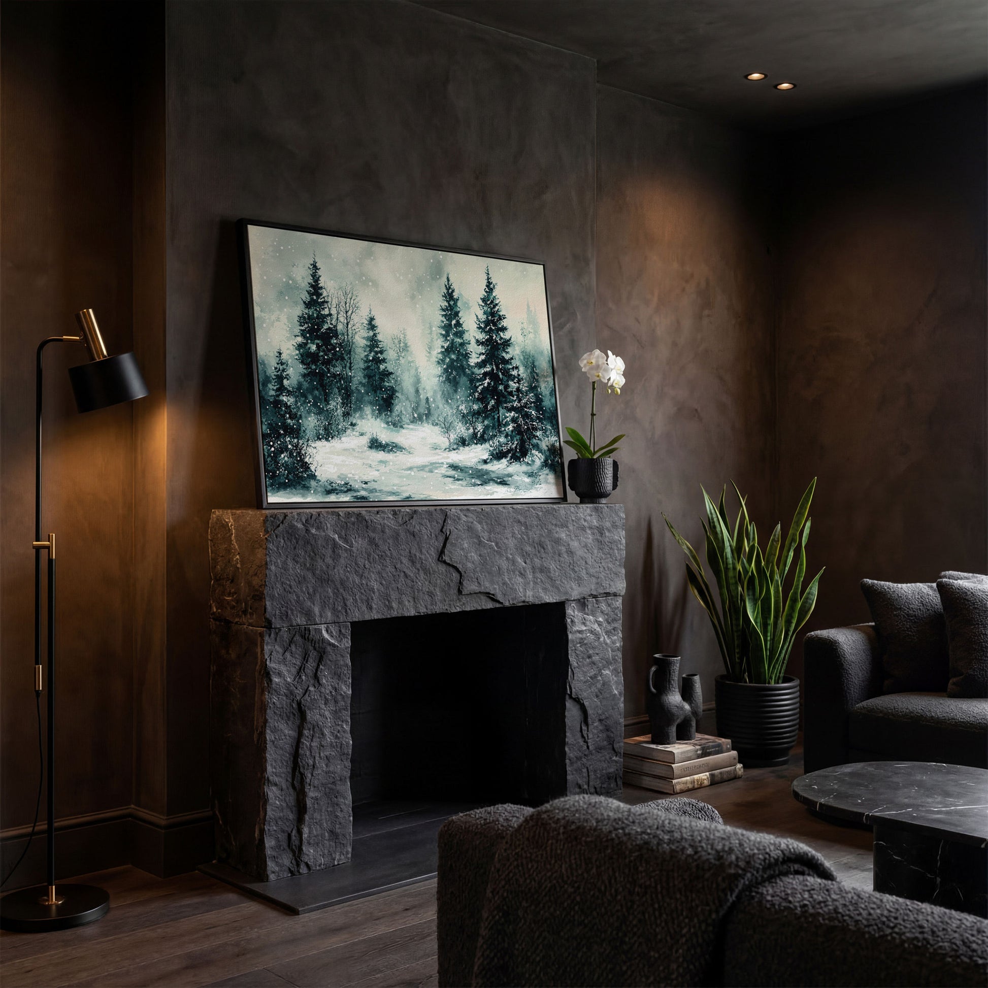 Snow-Covered Pine Forest Canvas Wall Art, Winter Landscape in black floating frame