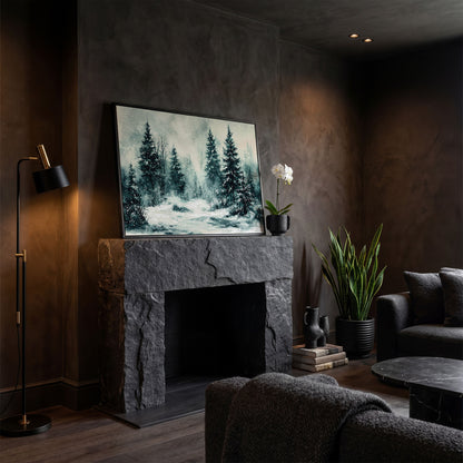 Snow-Covered Pine Forest Canvas Wall Art, Winter Landscape in black floating frame
