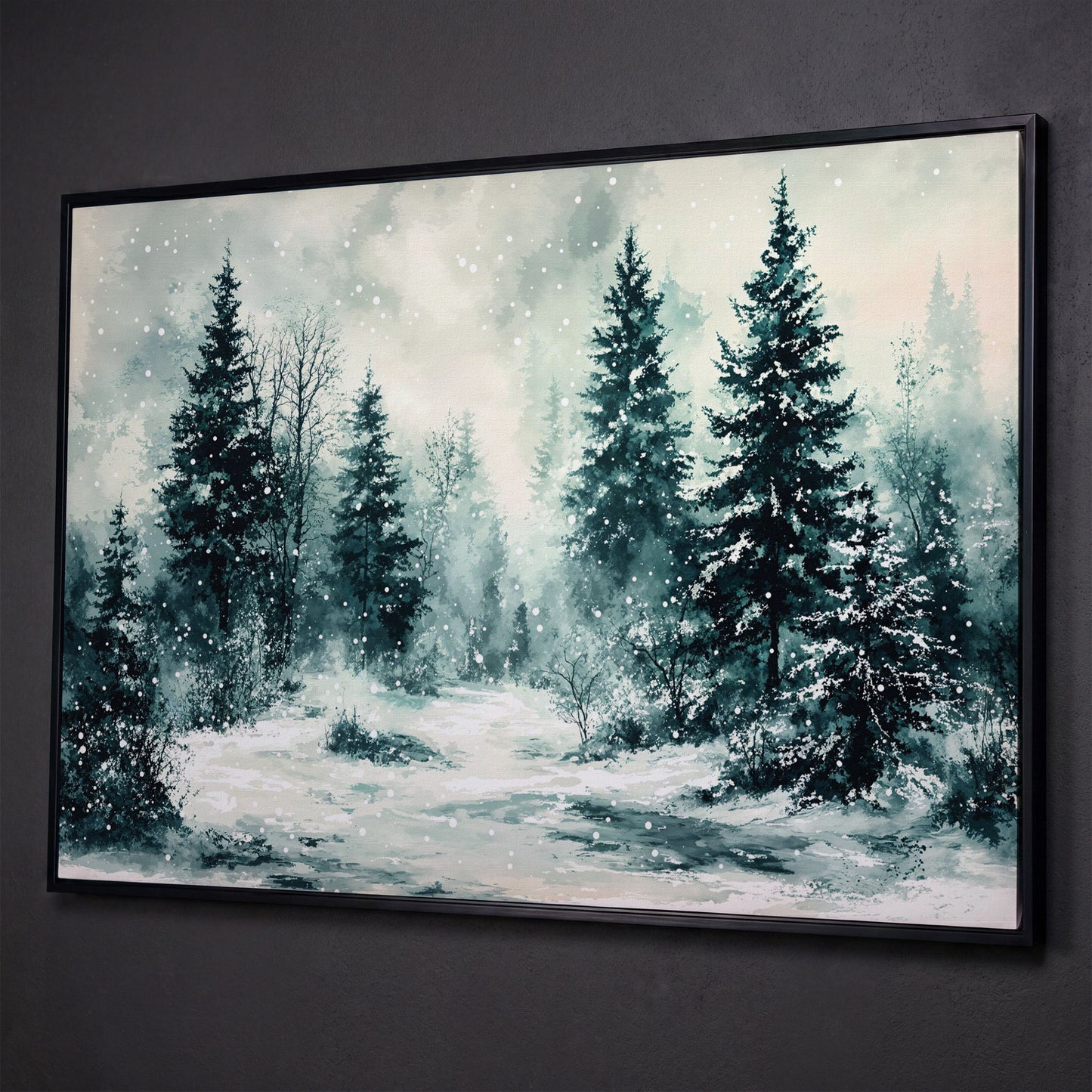 Snow-Covered Pine Forest Canvas Wall Art, Winter Landscape shown in black floating frame