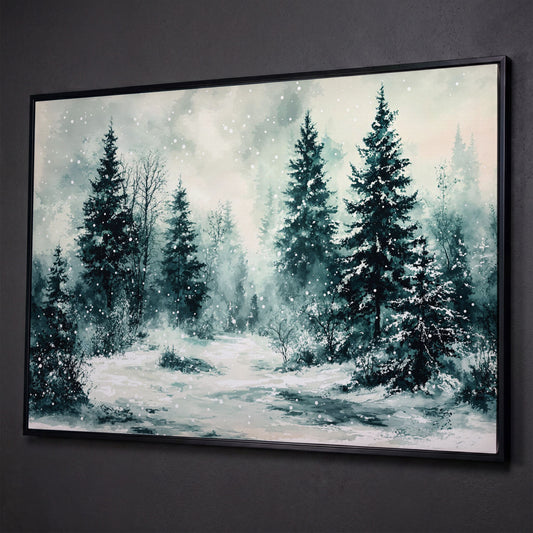 Snow-Covered Pine Forest Canvas Wall Art, Winter Landscape shown in black floating frame