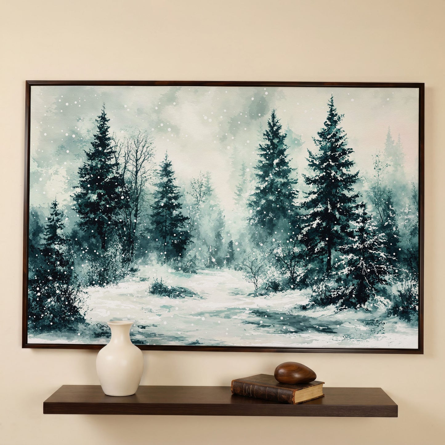 Snow-Covered Pine Forest Canvas Wall Art, Winter Landscape in dark walnut floating frame