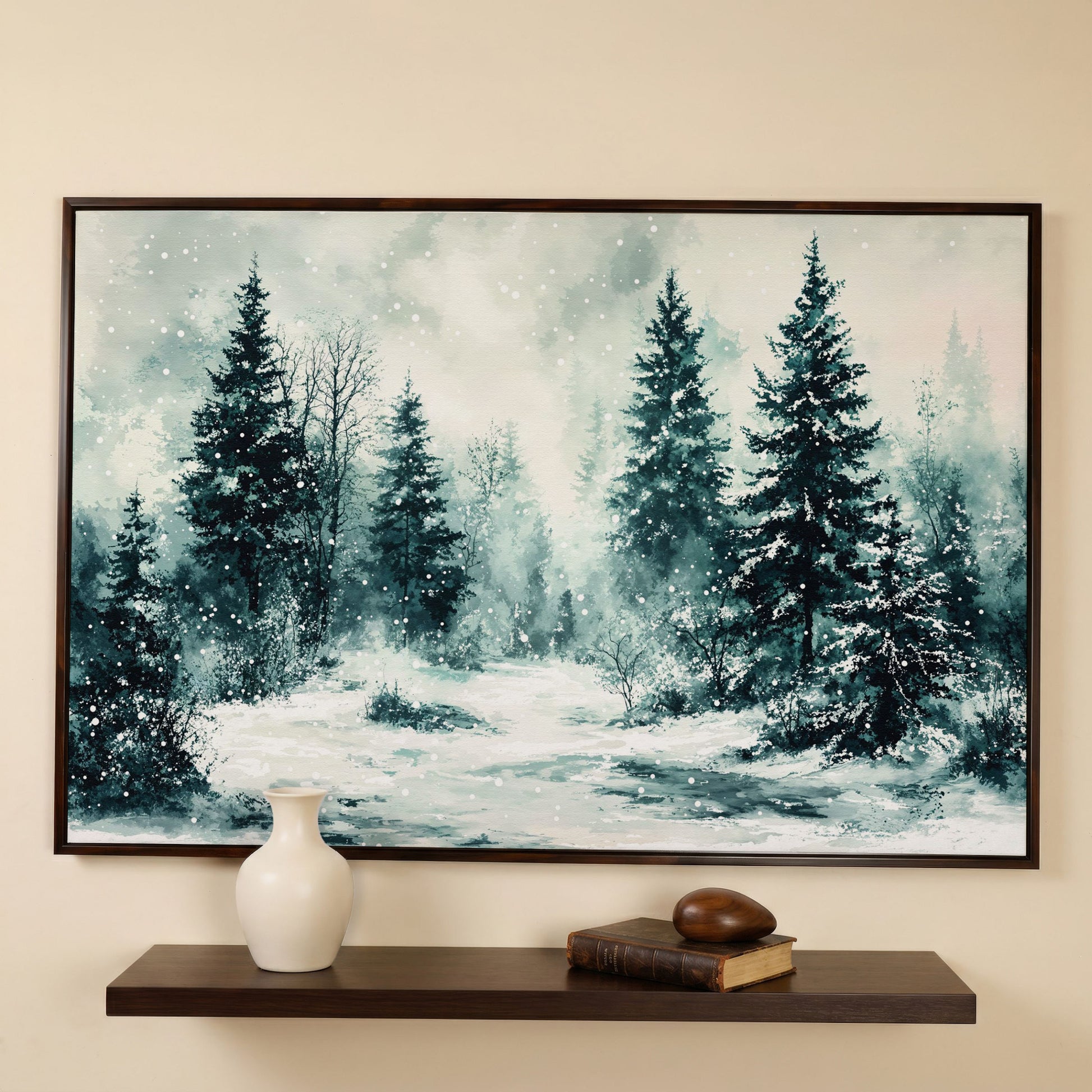 Snow-Covered Pine Forest Canvas Wall Art, Winter Landscape in dark walnut floating frame