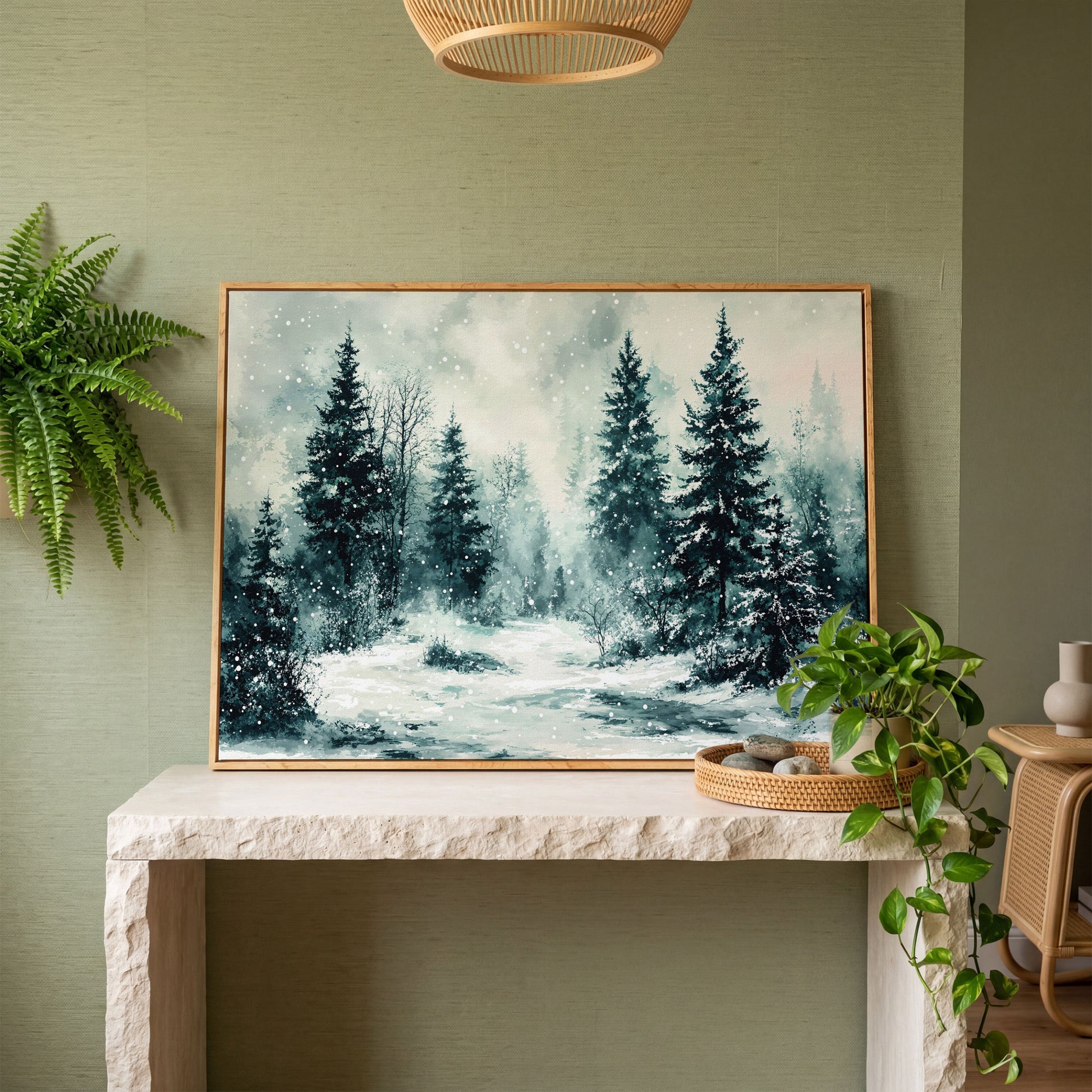 Snow-Covered Pine Forest Canvas Wall Art, Winter Landscape in white oak floating frame