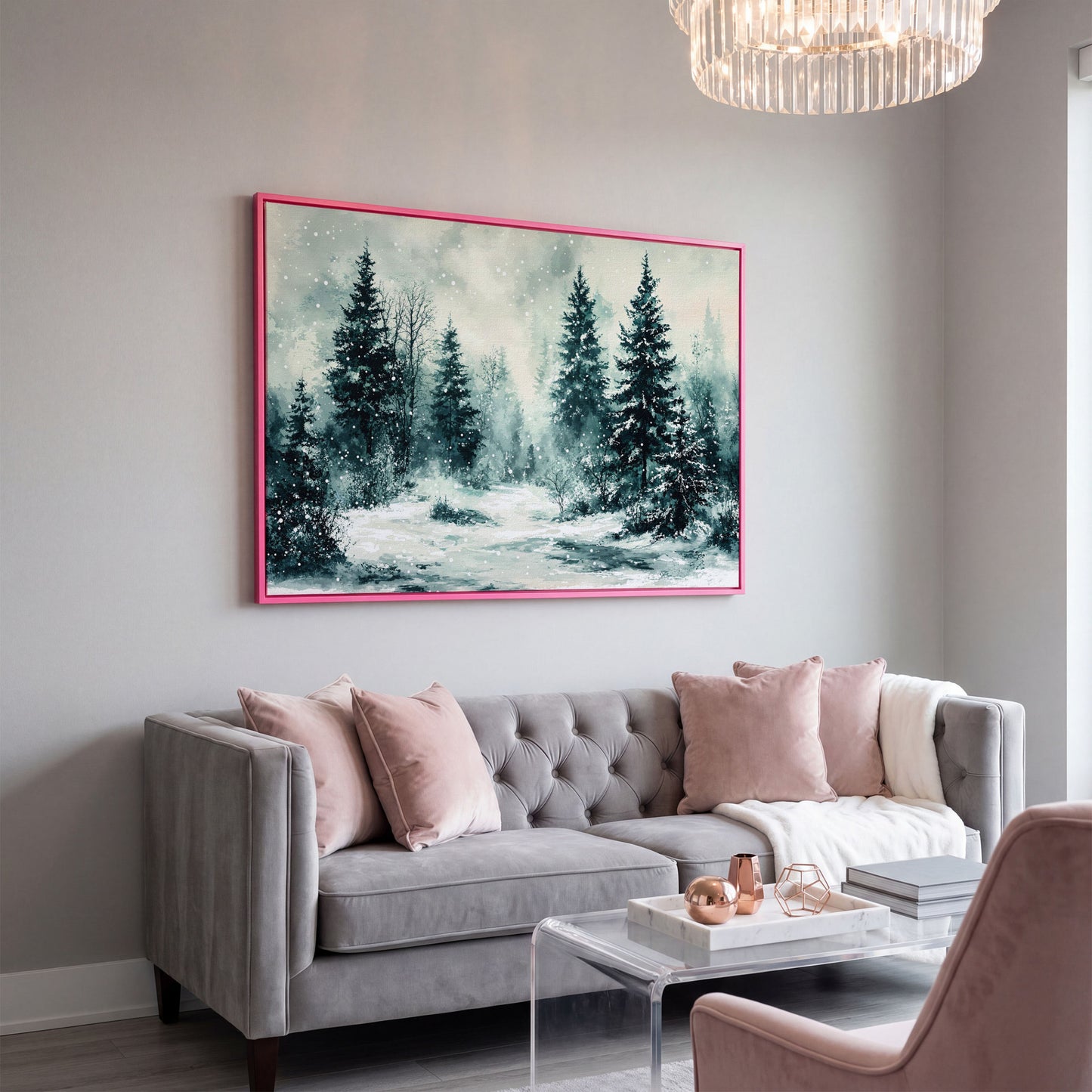 Snow-Covered Pine Forest Canvas Wall Art, Winter Landscape in pink floating frame