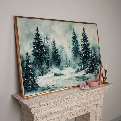Snow-Covered Pine Forest Canvas Wall Art, Winter Landscape in rose gold floating frame