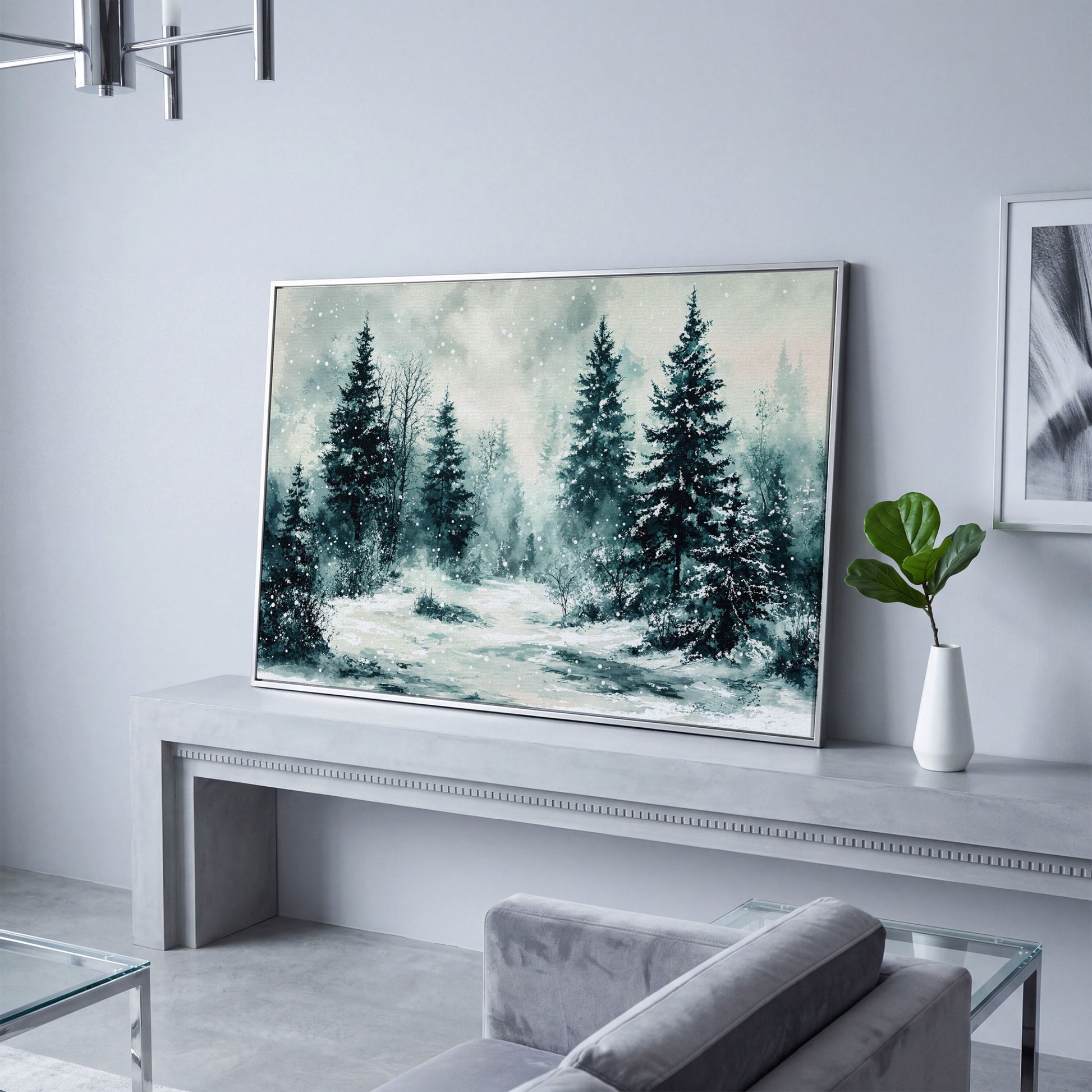 Snow-Covered Pine Forest Canvas Wall Art, Winter Landscape in silver floating frame