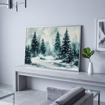 Snow-Covered Pine Forest Canvas Wall Art, Winter Landscape in silver floating frame