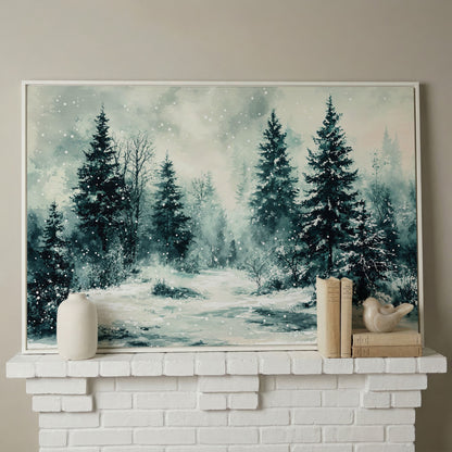 Snow-Covered Pine Forest Canvas Wall Art, Winter Landscape in white floating frame