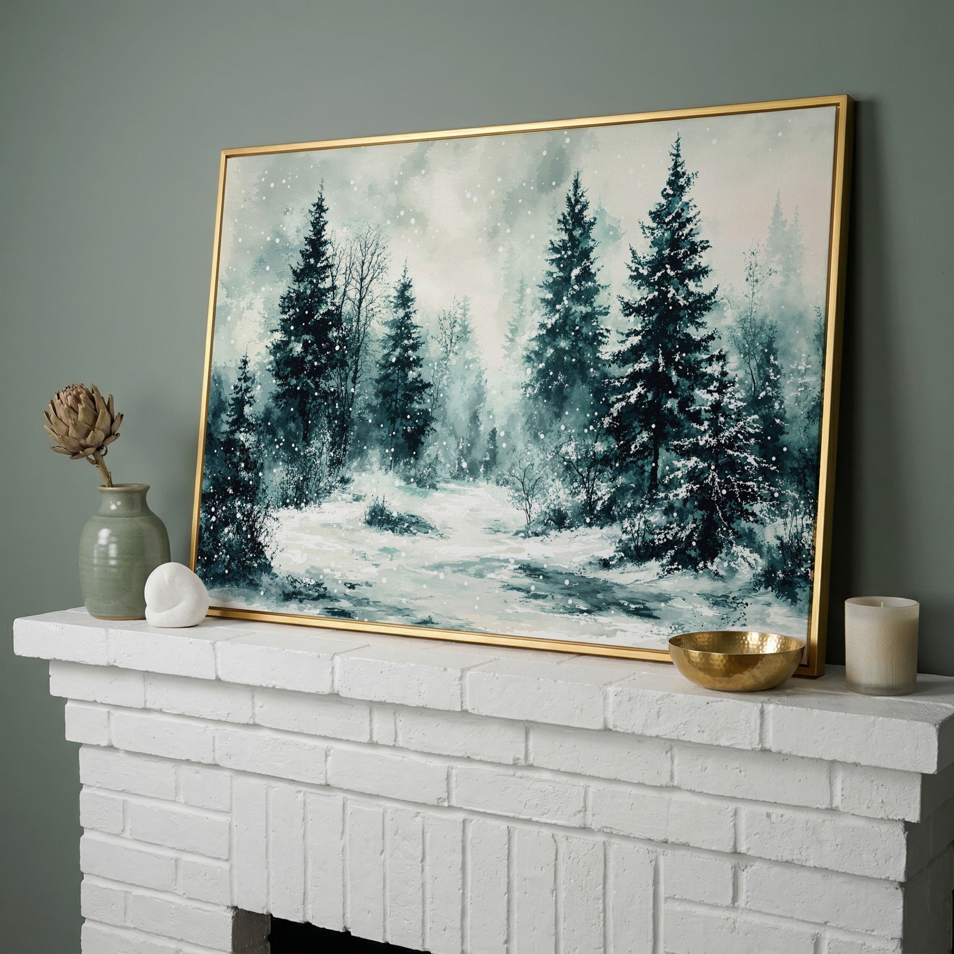 Snow-Covered Pine Forest Canvas Wall Art, Winter Landscape in yellow gold floating frame