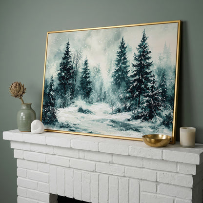 Snow-Covered Pine Forest Canvas Wall Art, Winter Landscape in yellow gold floating frame