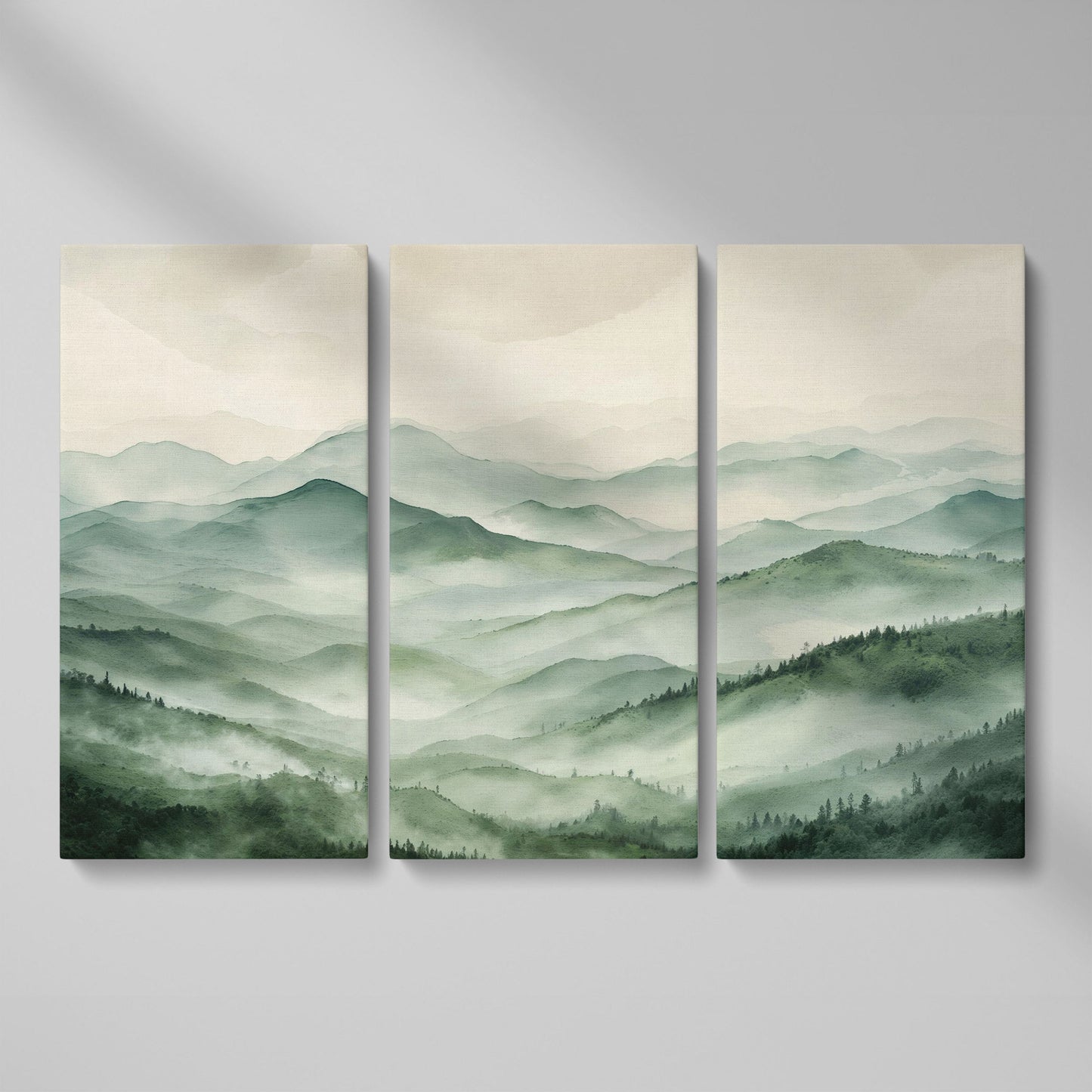 Misty Mountain Ridges Canvas Wall Art, Layered Valley Landscape as 3-panel split version