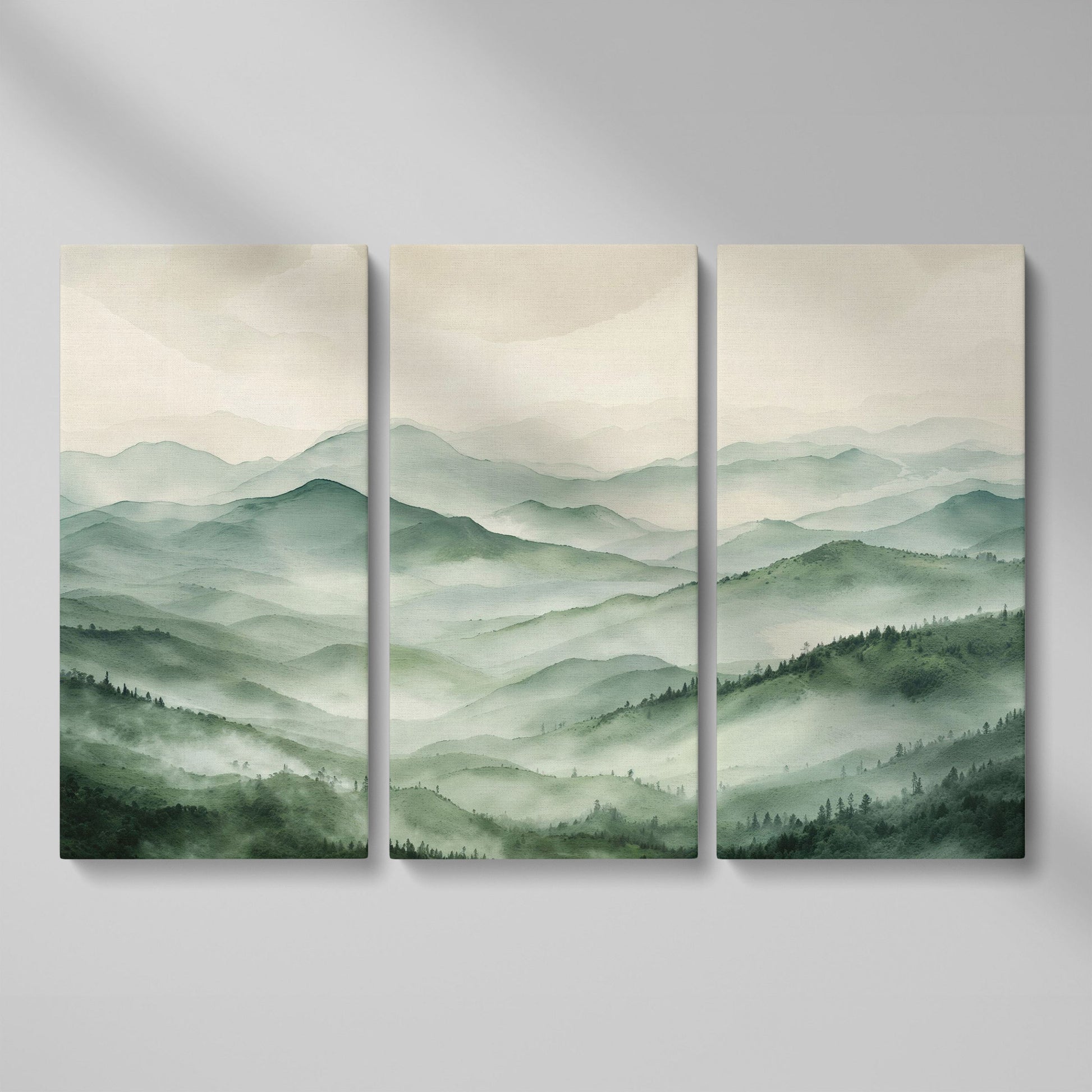 Misty Mountain Ridges Canvas Wall Art, Layered Valley Landscape as 3-panel split version