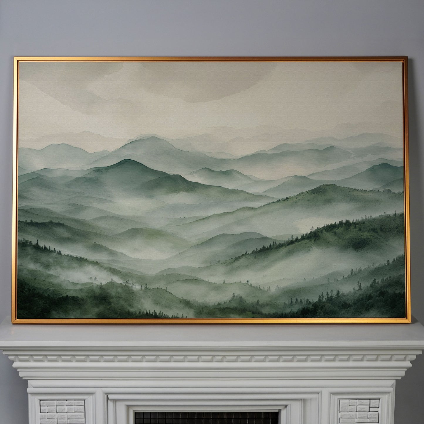 Misty Mountain Ridges Canvas Wall Art, Layered Valley Landscape in antique gold floating frame