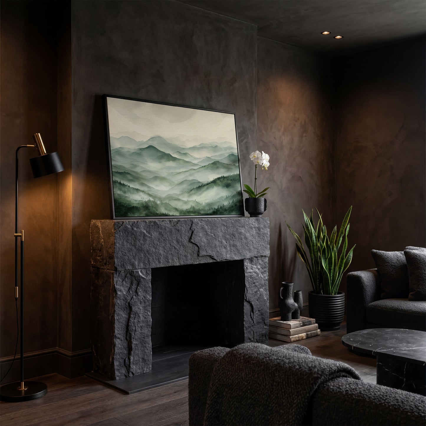 Misty Mountain Ridges Canvas Wall Art, Layered Valley Landscape in black floating frame
