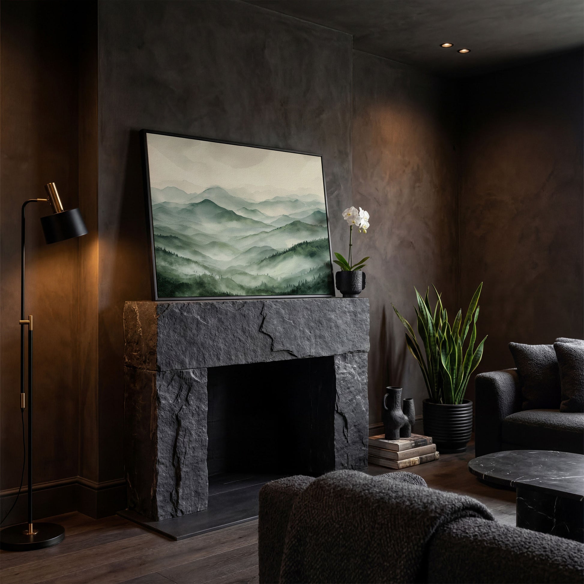 Misty Mountain Ridges Canvas Wall Art, Layered Valley Landscape in black floating frame