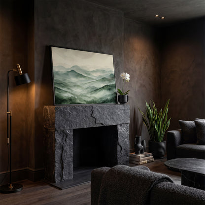 Misty Mountain Ridges Canvas Wall Art, Layered Valley Landscape in black floating frame