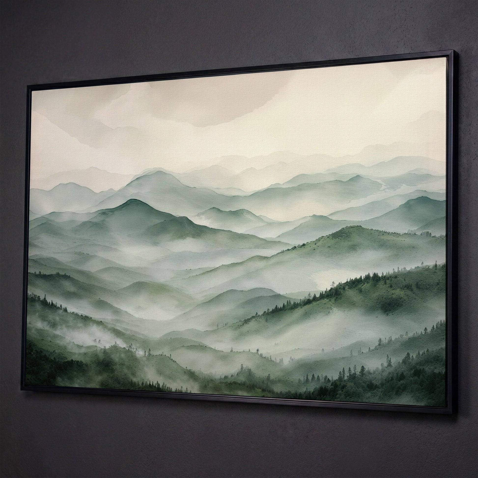 Misty Mountain Ridges Canvas Wall Art, Layered Valley Landscape shown in black floating frame