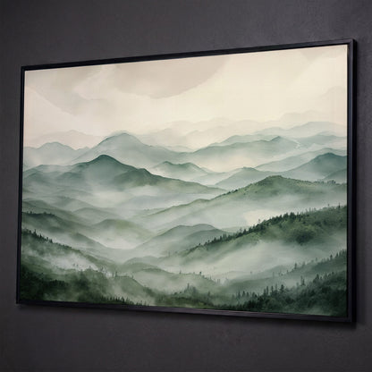 Misty Mountain Ridges Canvas Wall Art, Layered Valley Landscape shown in black floating frame