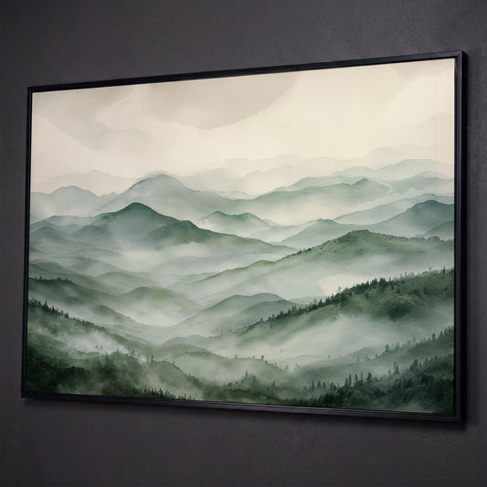 Misty Mountain Ridges Canvas Wall Art, Layered Valley Landscape shown in black floating frame
