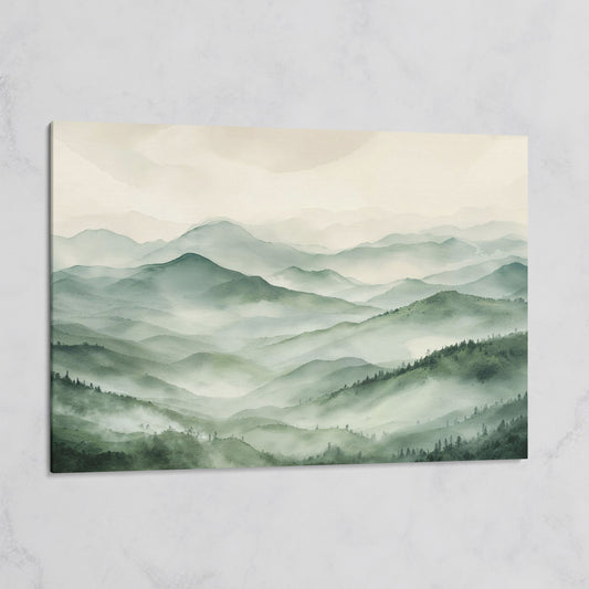 Misty Mountain Ridges Canvas Wall Art, Layered Valley Landscape on gallery wrap